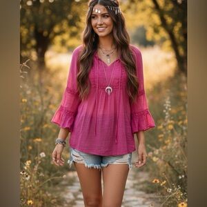 Croquette sheer magenta boho peasant blouse with crochet lace bell sleeves Small